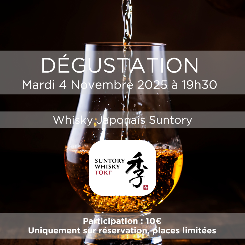 Place soirée dégustation whiskies Japonais Suntory le mardi 4 novembre 2025