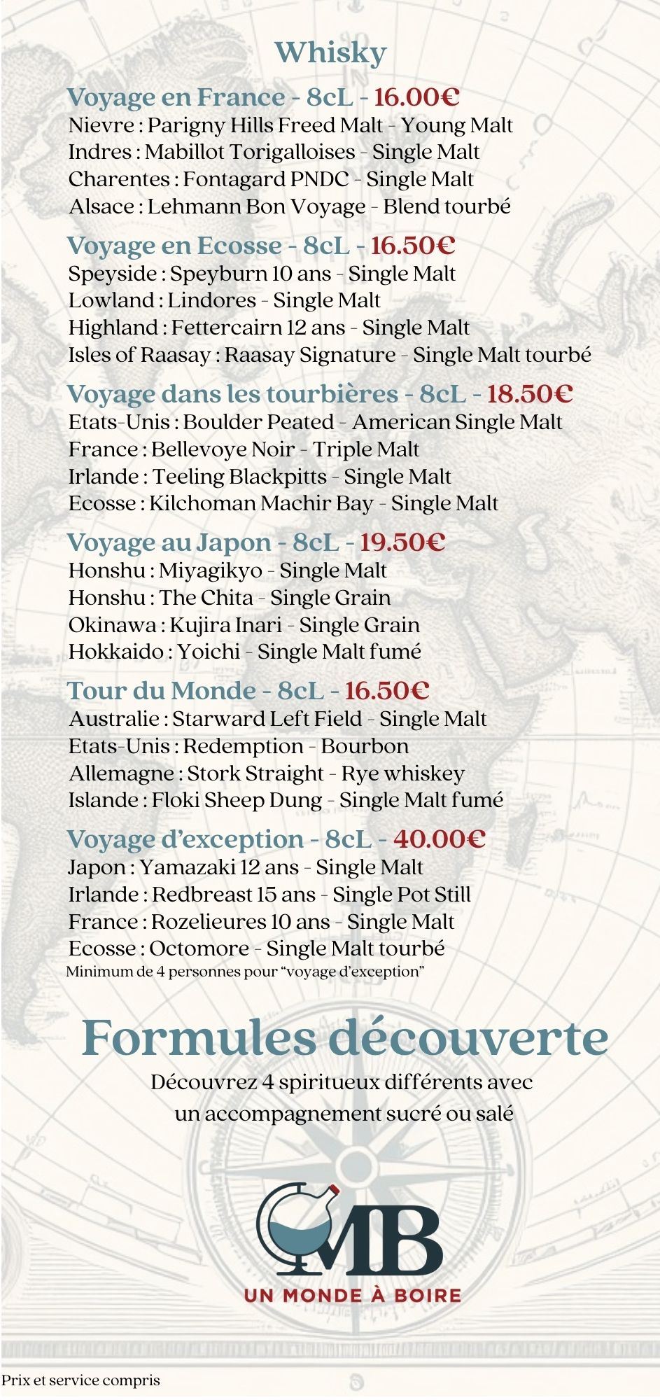 Carte des boissons